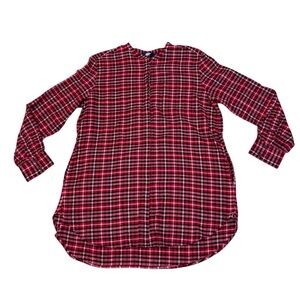 Lands’ End Women’s Red Plaid Flannel Henley Tunic Long Sleeve Top Large 14-16